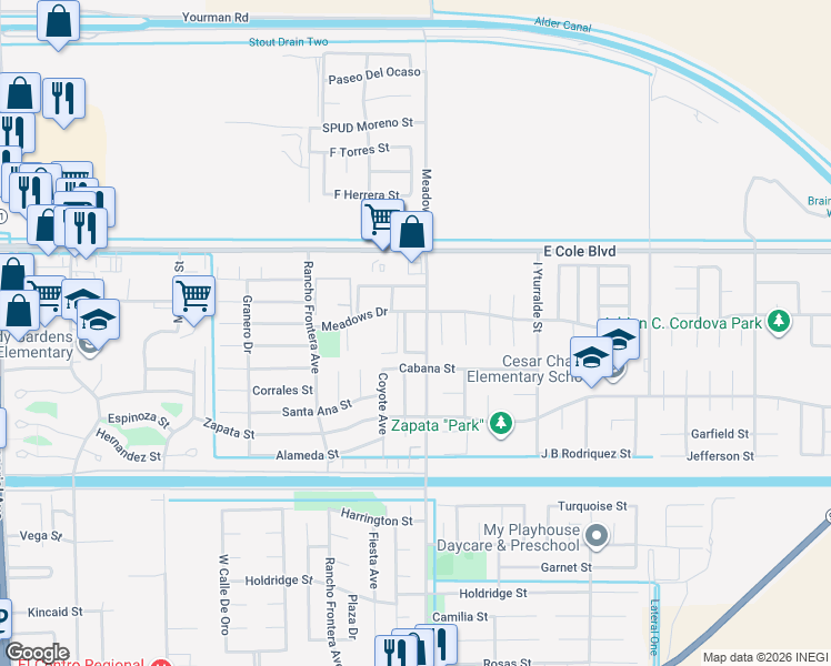 map of restaurants, bars, coffee shops, grocery stores, and more near 2201 Meadows Drive in Calexico