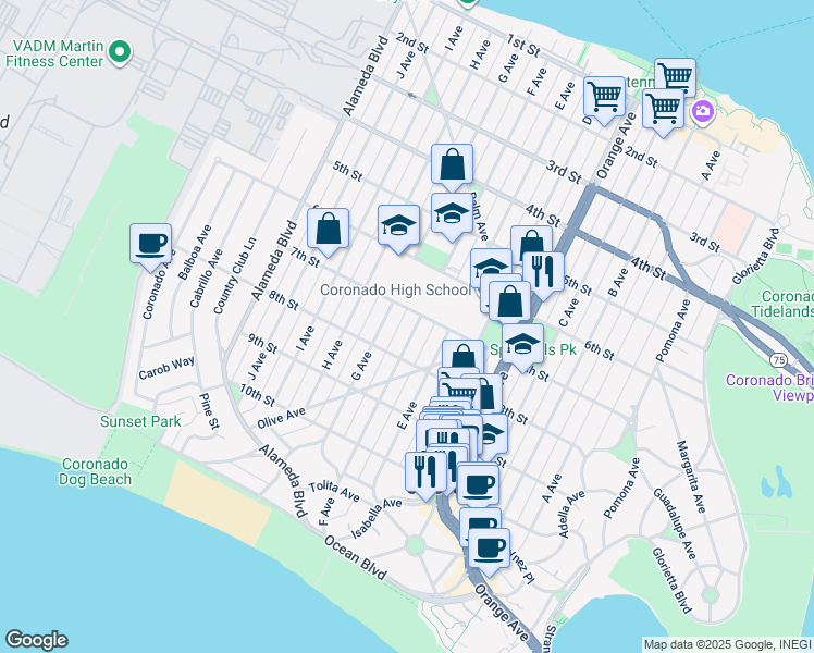 map of restaurants, bars, coffee shops, grocery stores, and more near 722 F Avenue in Coronado