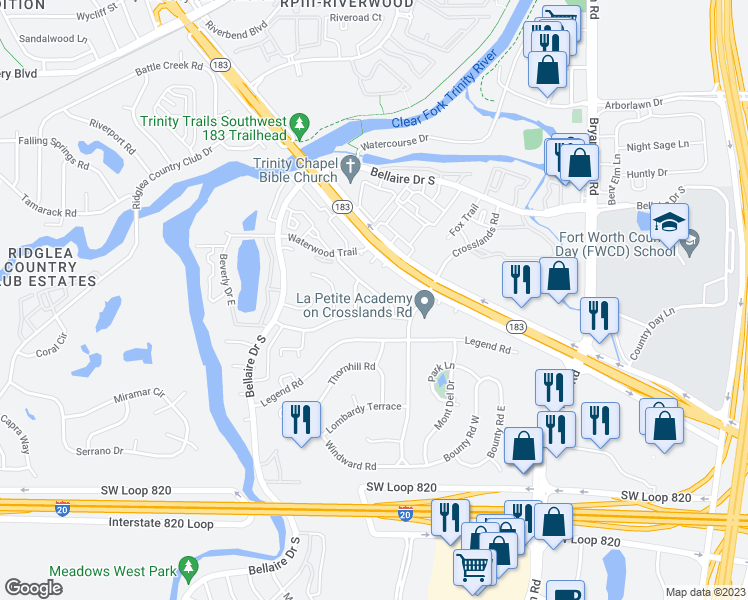 map of restaurants, bars, coffee shops, grocery stores, and more near 6417 Lago Vista Drive in Benbrook