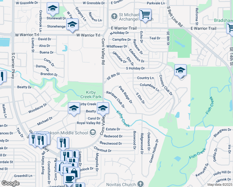 map of restaurants, bars, coffee shops, grocery stores, and more near 3669 Racquet Club Drive in Grand Prairie
