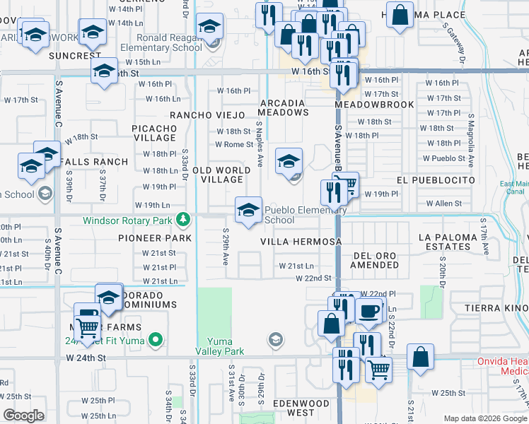 map of restaurants, bars, coffee shops, grocery stores, and more near 2969-3081 W 20th St in Yuma