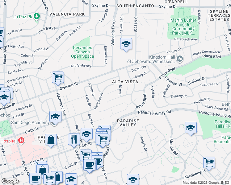 map of restaurants, bars, coffee shops, grocery stores, and more near 1595 Ava Street in San Diego