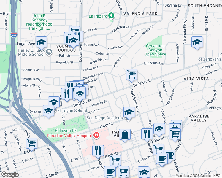 map of restaurants, bars, coffee shops, grocery stores, and more near 14 North Drexel Avenue in National City