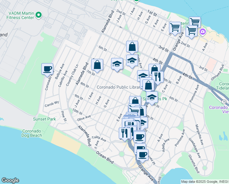 map of restaurants, bars, coffee shops, grocery stores, and more near 744 F Avenue in Coronado