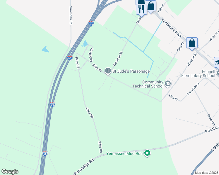 map of restaurants, bars, coffee shops, grocery stores, and more near 27 Thomas Street in Yemassee