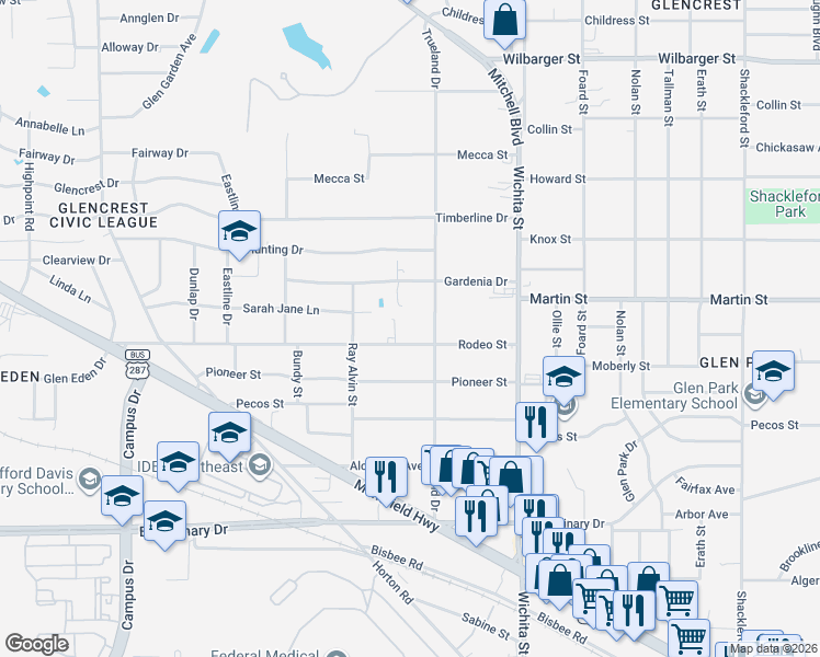map of restaurants, bars, coffee shops, grocery stores, and more near 4832 Trueland Drive in Fort Worth