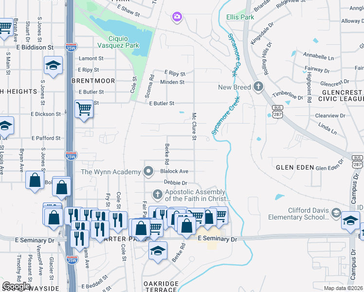 map of restaurants, bars, coffee shops, grocery stores, and more near 1236 East Fogg Street in Fort Worth