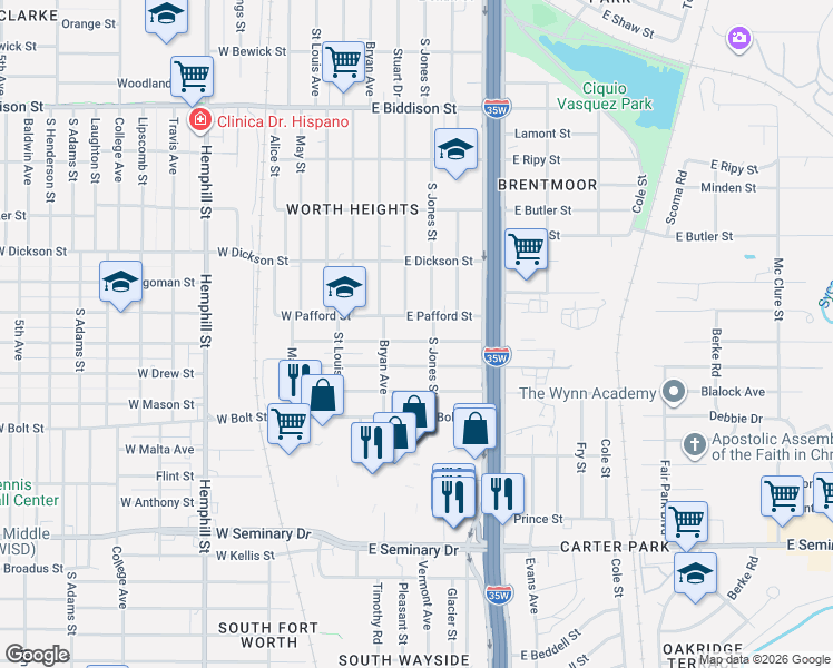 map of restaurants, bars, coffee shops, grocery stores, and more near 420 East Fogg Street in Fort Worth