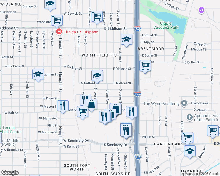 map of restaurants, bars, coffee shops, grocery stores, and more near 304 East Fogg Street in Fort Worth