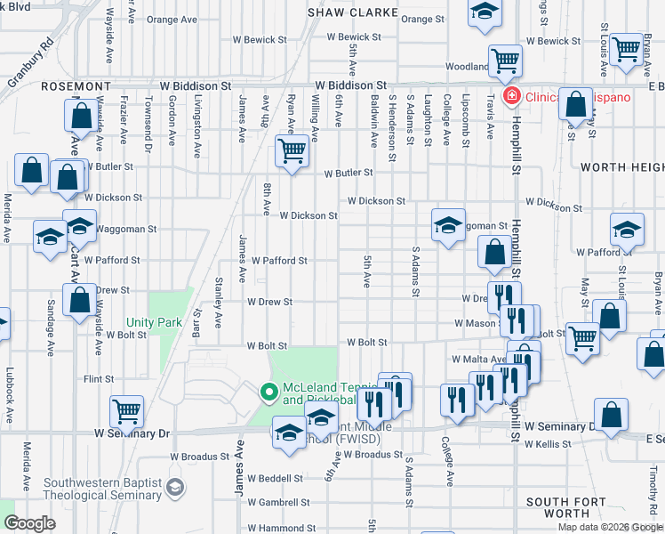 map of restaurants, bars, coffee shops, grocery stores, and more near 3913 Willing Avenue in Fort Worth