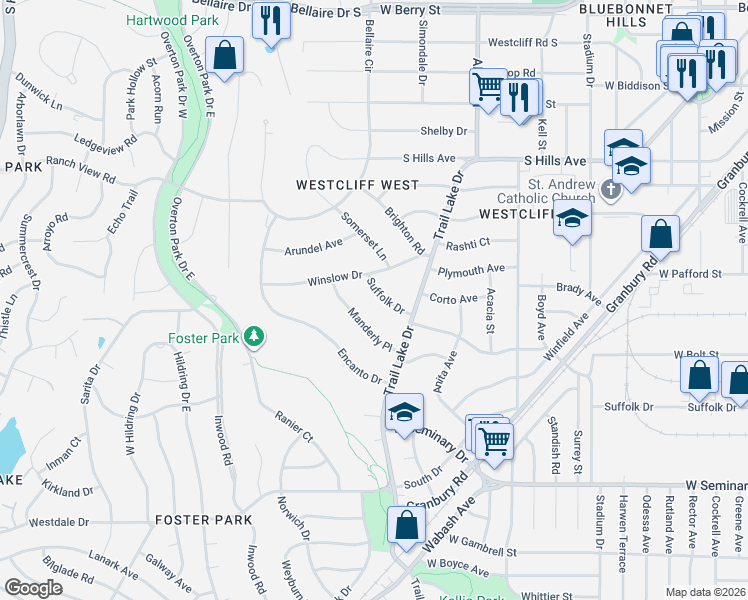 map of restaurants, bars, coffee shops, grocery stores, and more near 3613 Suffolk Drive in Fort Worth