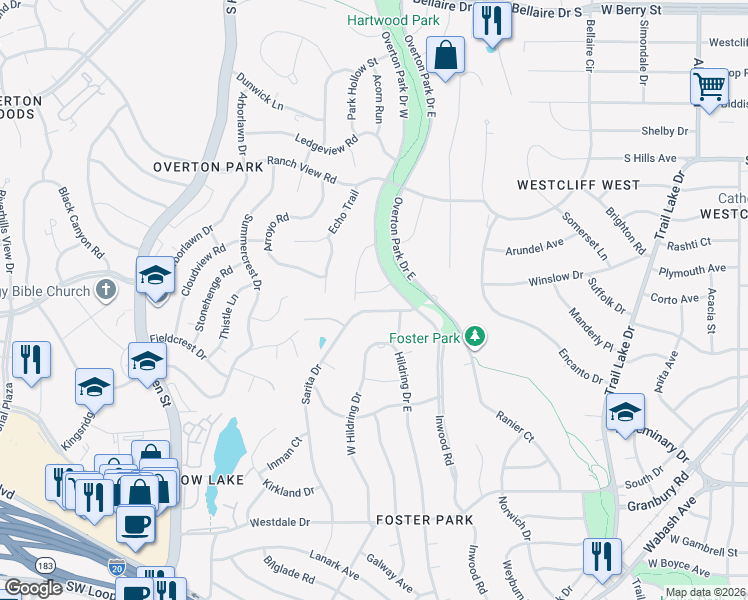 map of restaurants, bars, coffee shops, grocery stores, and more near 4215 Tanbark Trail in Fort Worth