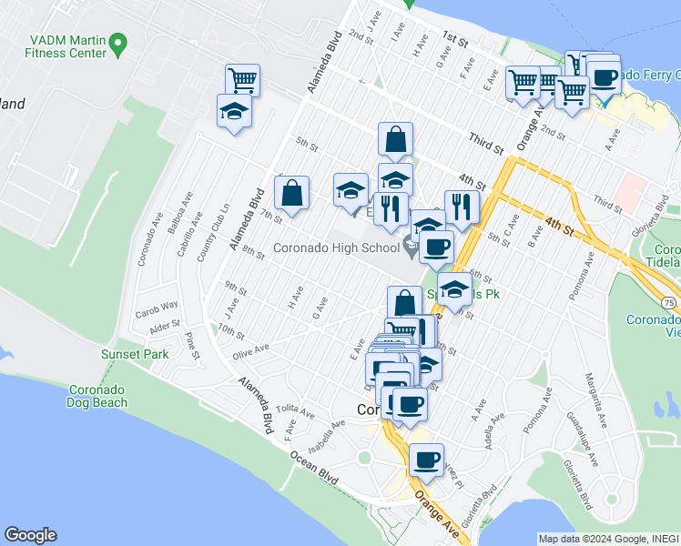 map of restaurants, bars, coffee shops, grocery stores, and more near 745 G Avenue in Coronado