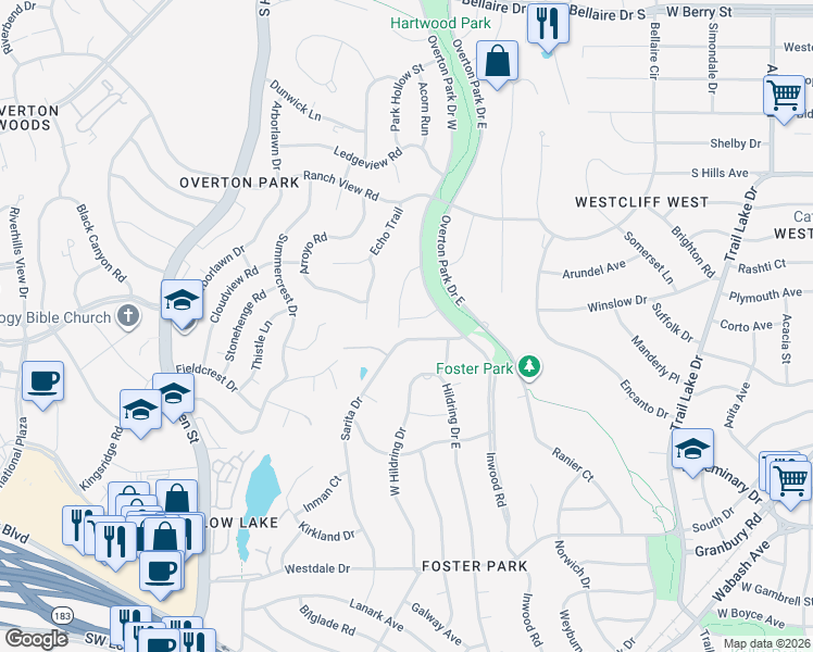 map of restaurants, bars, coffee shops, grocery stores, and more near 4215 Tanbark Trail in Fort Worth