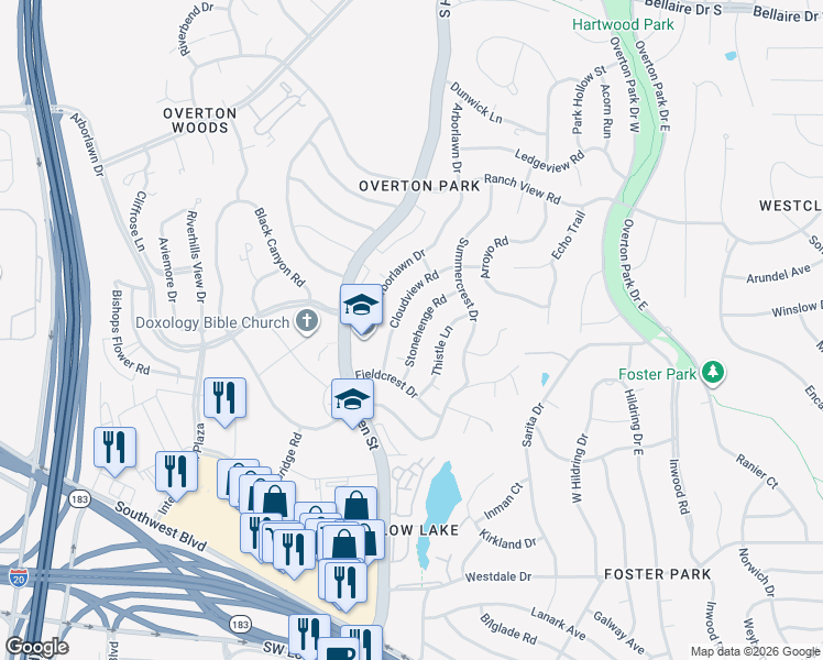 map of restaurants, bars, coffee shops, grocery stores, and more near 4605 Cloudview Road in Fort Worth