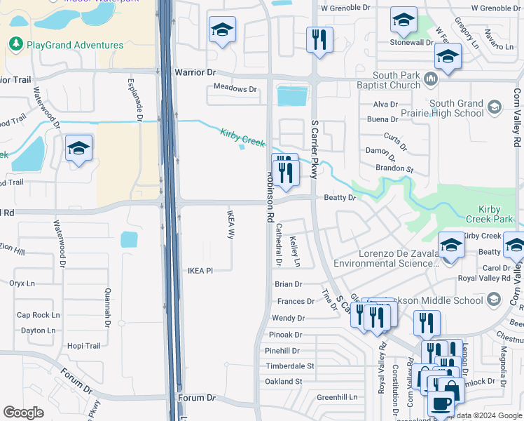 map of restaurants, bars, coffee shops, grocery stores, and more near 905 Mayfield Road in Grand Prairie