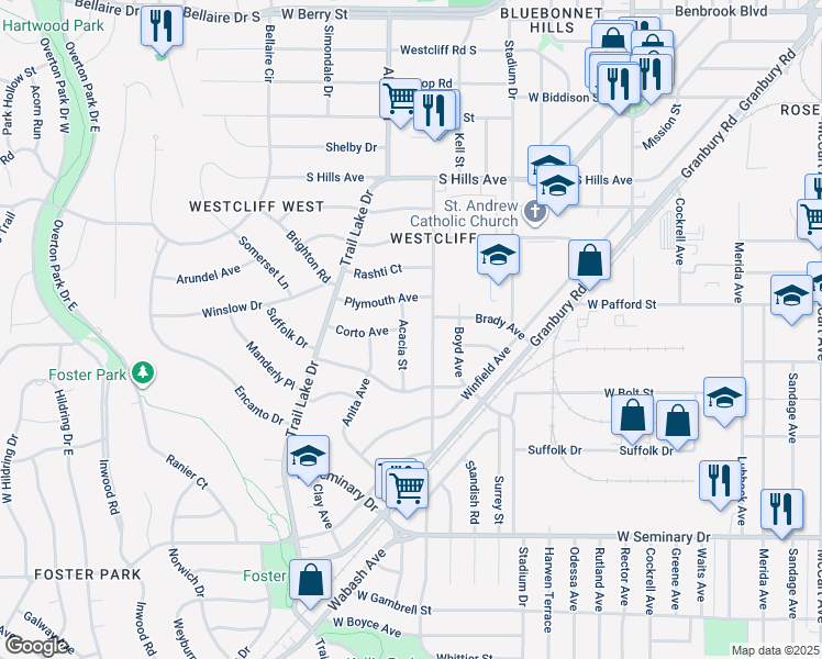 map of restaurants, bars, coffee shops, grocery stores, and more near 4001 Acacia Street in Fort Worth