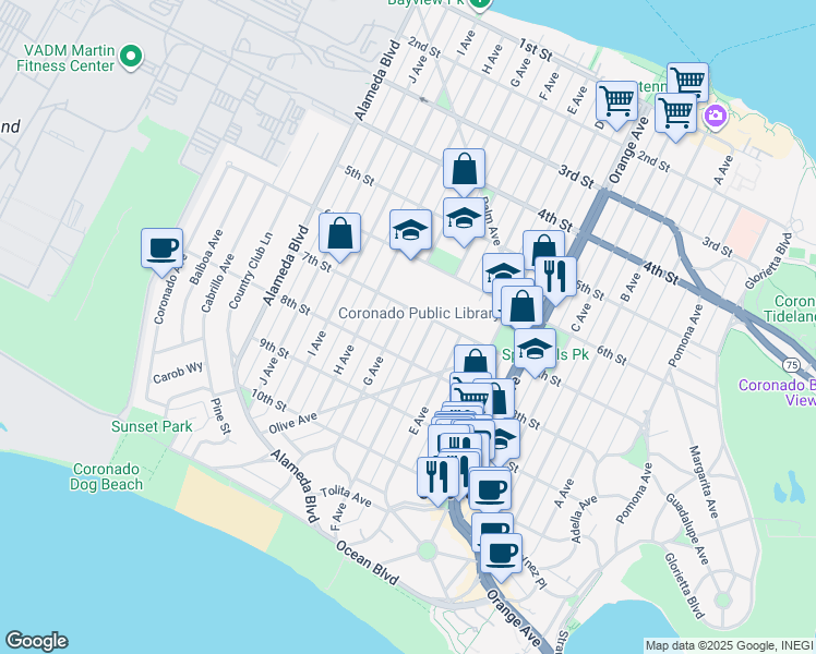 map of restaurants, bars, coffee shops, grocery stores, and more near 727 G Avenue in Coronado