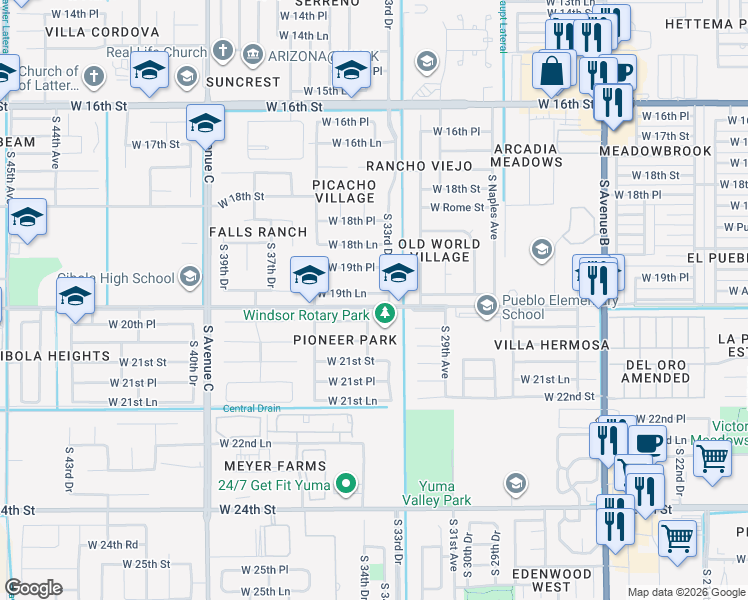 map of restaurants, bars, coffee shops, grocery stores, and more near 3398 West 20th Street in Yuma