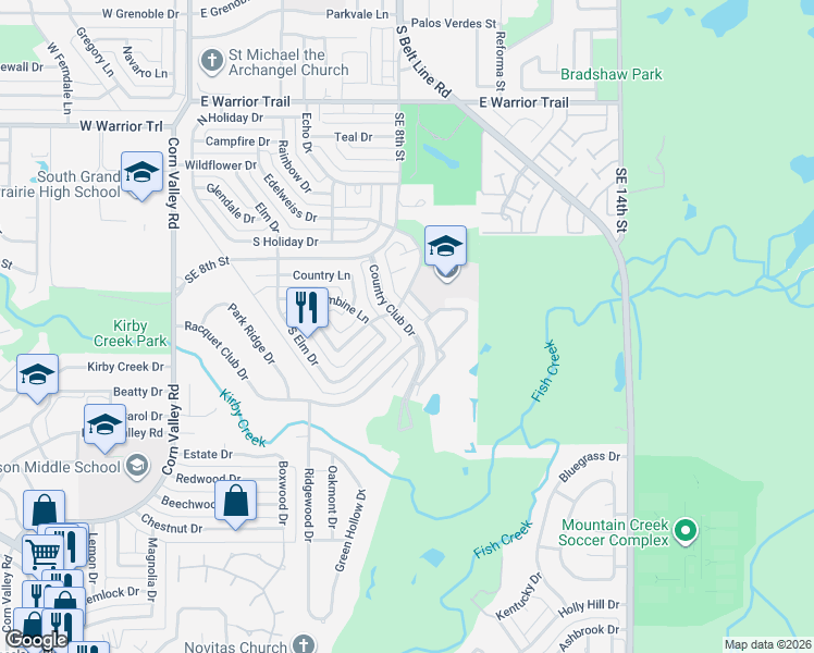 map of restaurants, bars, coffee shops, grocery stores, and more near 3434 Country Club Circle in Grand Prairie