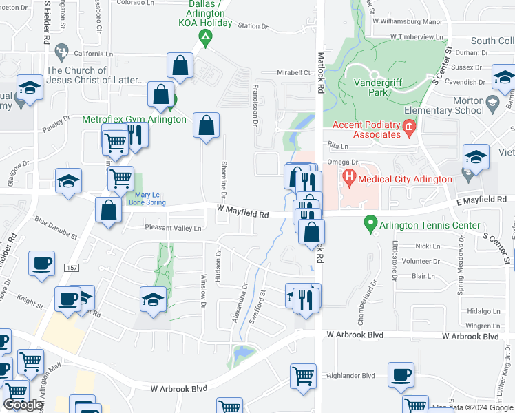 map of restaurants, bars, coffee shops, grocery stores, and more near 3401 Capri Lane in Arlington