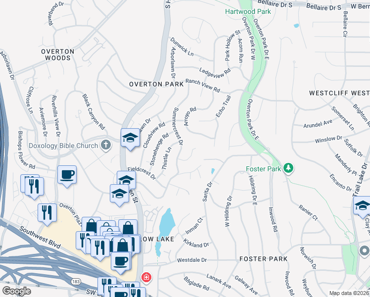 map of restaurants, bars, coffee shops, grocery stores, and more near 3913 Summercrest Drive in Fort Worth