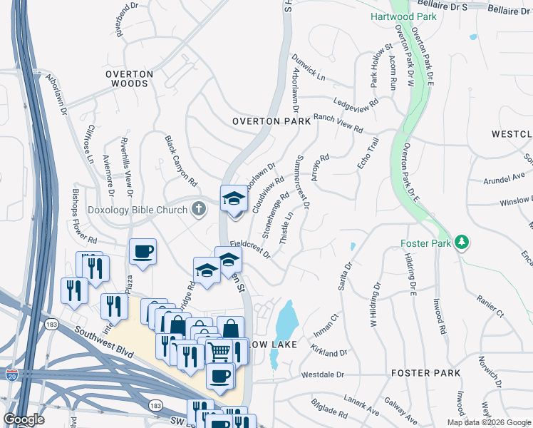 map of restaurants, bars, coffee shops, grocery stores, and more near 4605 Cloudview Road in Fort Worth