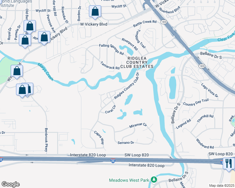 map of restaurants, bars, coffee shops, grocery stores, and more near 4013 Ridglea Country Club Drive in Fort Worth