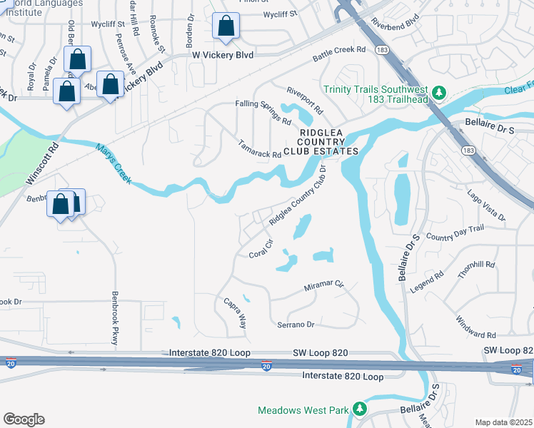map of restaurants, bars, coffee shops, grocery stores, and more near 4013 Ridglea Country Club Drive in Fort Worth