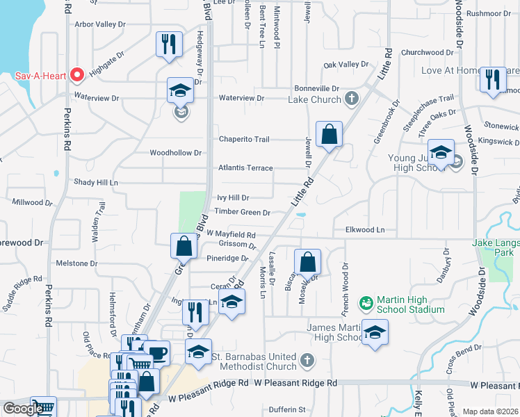 map of restaurants, bars, coffee shops, grocery stores, and more near 5206 Timber Green Drive in Arlington
