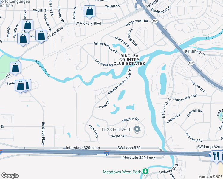map of restaurants, bars, coffee shops, grocery stores, and more near 4040 Ridglea Country Club Drive in Fort Worth