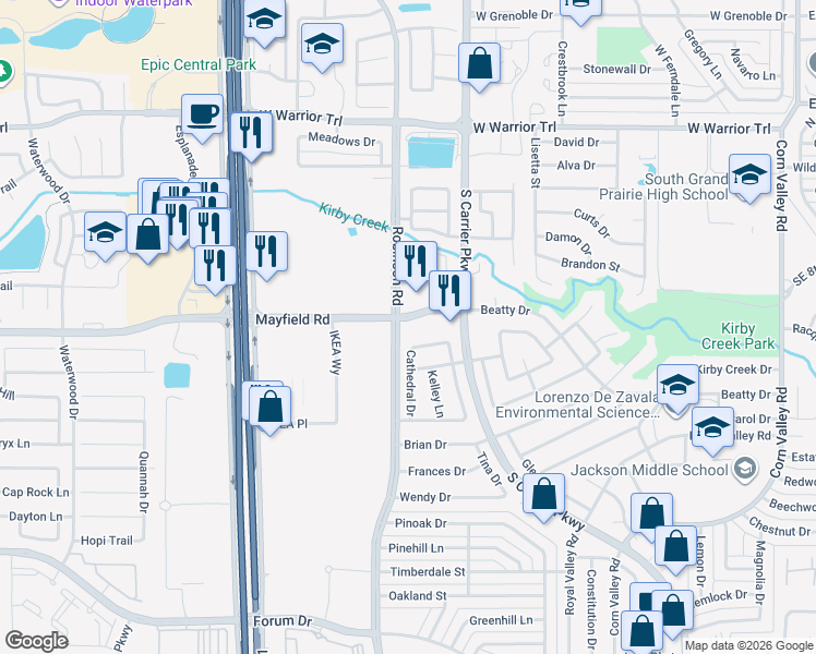 map of restaurants, bars, coffee shops, grocery stores, and more near 905 Mayfield Road in Grand Prairie