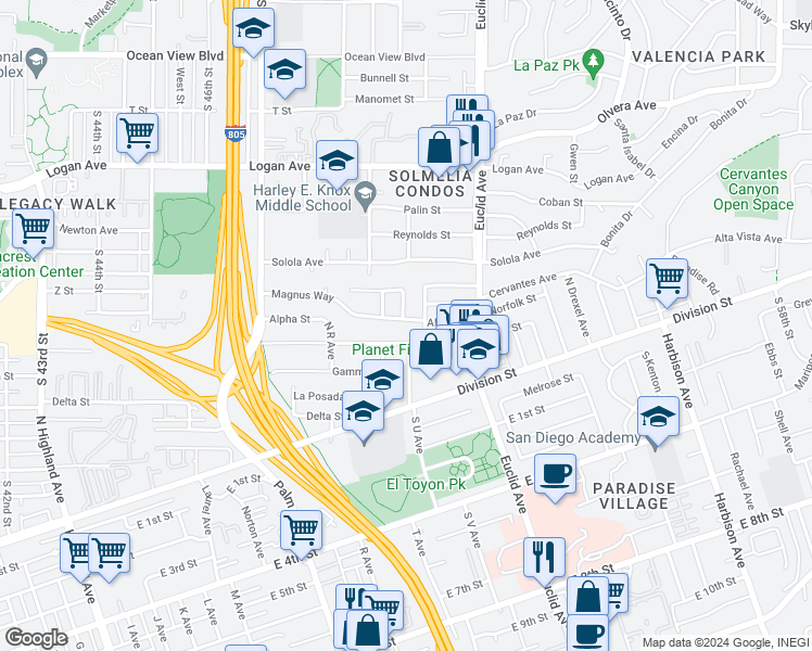 map of restaurants, bars, coffee shops, grocery stores, and more near 4973 Magnus Way in San Diego