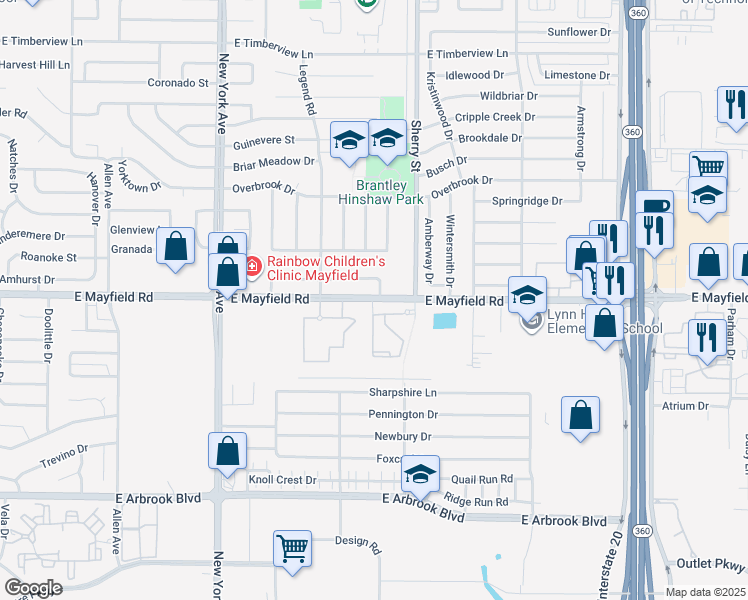 map of restaurants, bars, coffee shops, grocery stores, and more near 2104 East Mayfield Road in Arlington