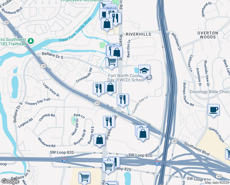 map of restaurants, bars, coffee shops, grocery stores, and more near 6006 Southwest Boulevard in Fort Worth