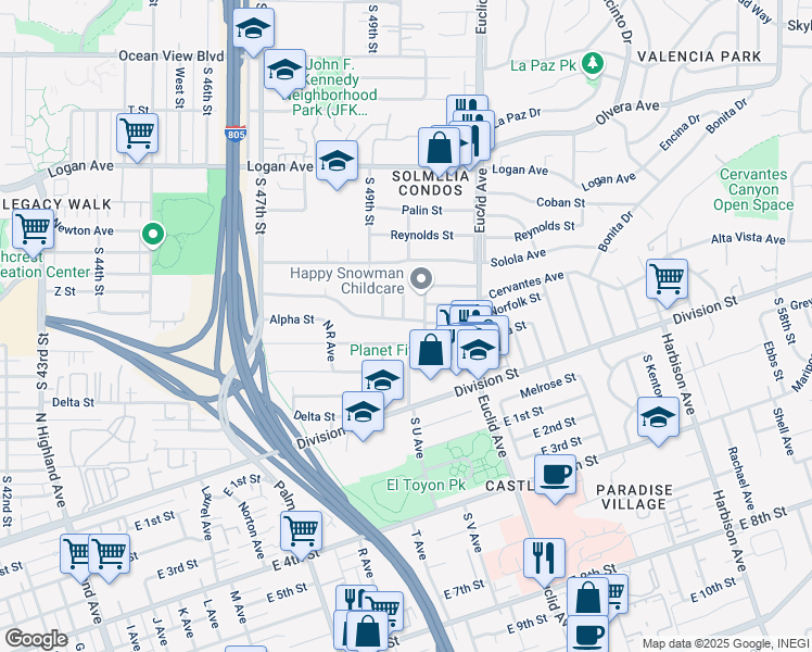 map of restaurants, bars, coffee shops, grocery stores, and more near 4973 Magnus Way in San Diego