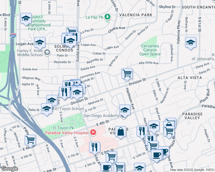 map of restaurants, bars, coffee shops, grocery stores, and more near 14 North Drexel Avenue in National City