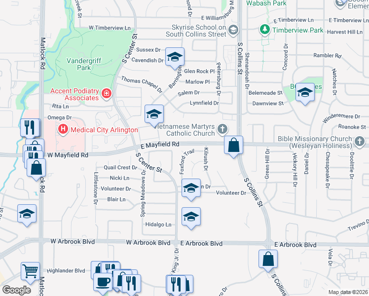 map of restaurants, bars, coffee shops, grocery stores, and more near 3410 Foxford Trail in Arlington