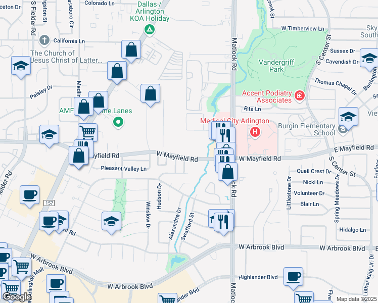 map of restaurants, bars, coffee shops, grocery stores, and more near 3401 Capri Lane in Arlington