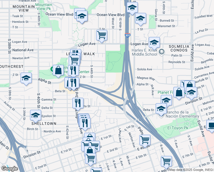 map of restaurants, bars, coffee shops, grocery stores, and more near 1465 South 45th Street in San Diego