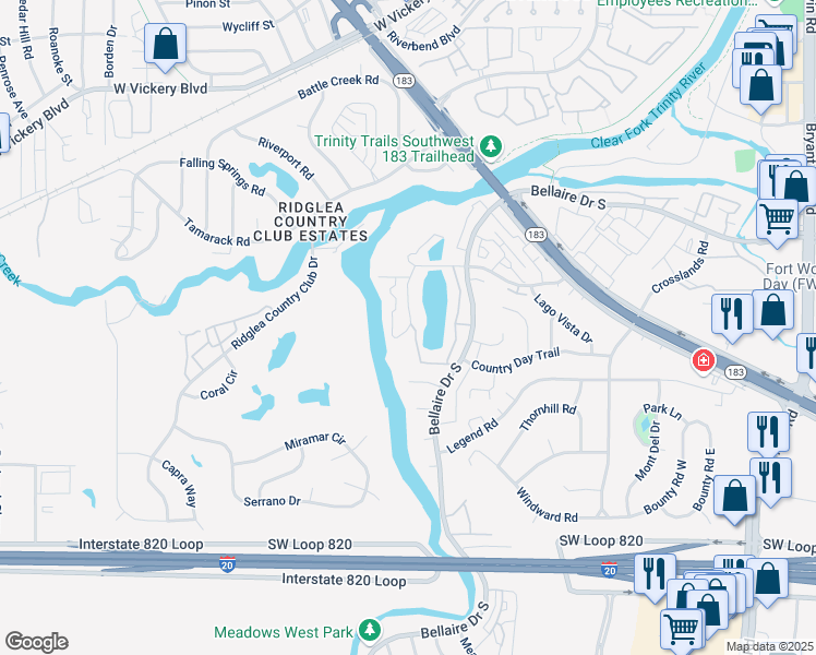 map of restaurants, bars, coffee shops, grocery stores, and more near 5912 Beverly Dr W in Fort Worth