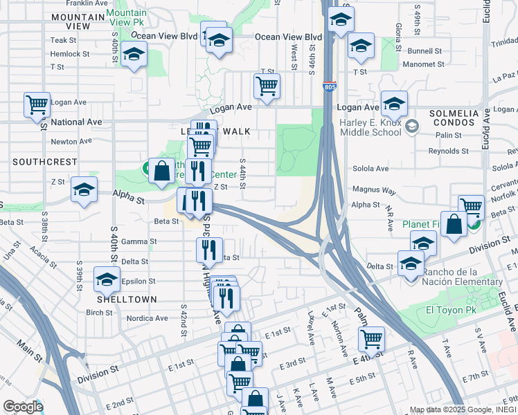 map of restaurants, bars, coffee shops, grocery stores, and more near 4439 Mayberry Street in San Diego