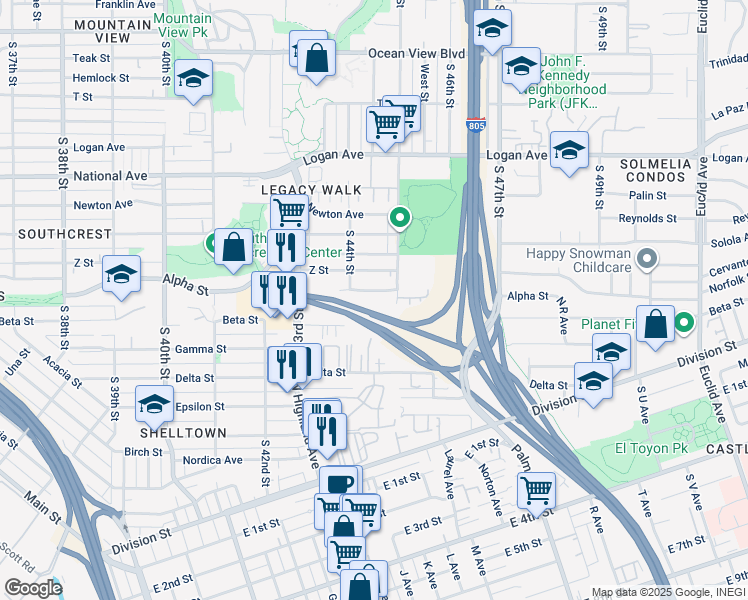 map of restaurants, bars, coffee shops, grocery stores, and more near 4423 Mayberry Street in San Diego