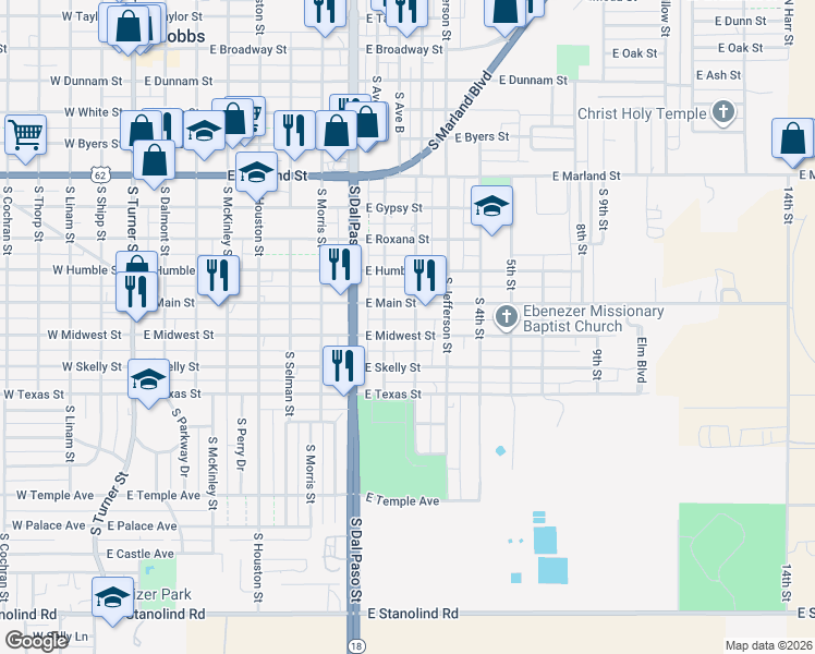 map of restaurants, bars, coffee shops, grocery stores, and more near 1004 East Skelly Street in Hobbs