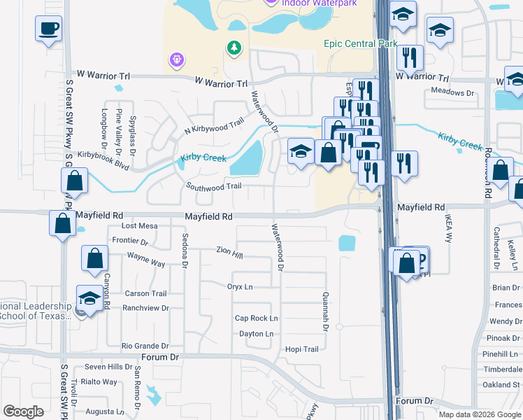 map of restaurants, bars, coffee shops, grocery stores, and more near 2120 Spur Hacienda Court in Grand Prairie