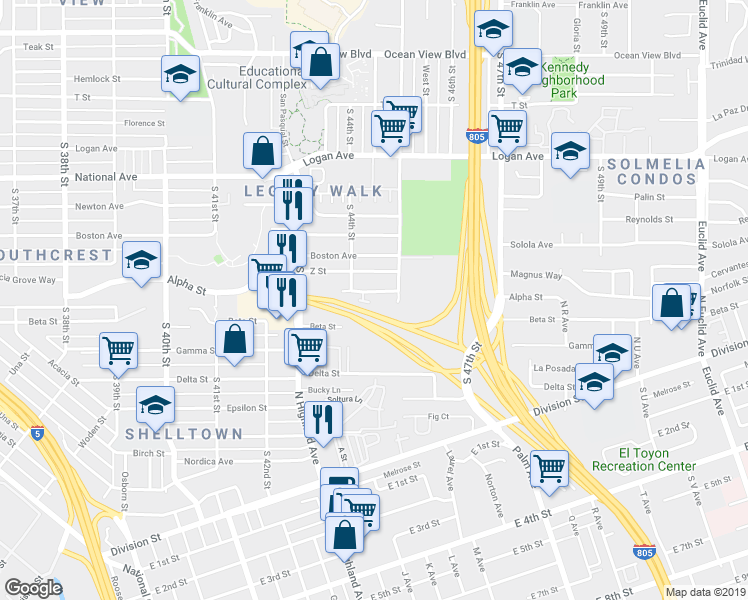 map of restaurants, bars, coffee shops, grocery stores, and more near 4423 Mayberry Street in San Diego