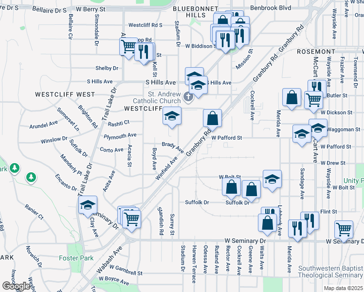 map of restaurants, bars, coffee shops, grocery stores, and more near 4005 Winfield Avenue in Fort Worth