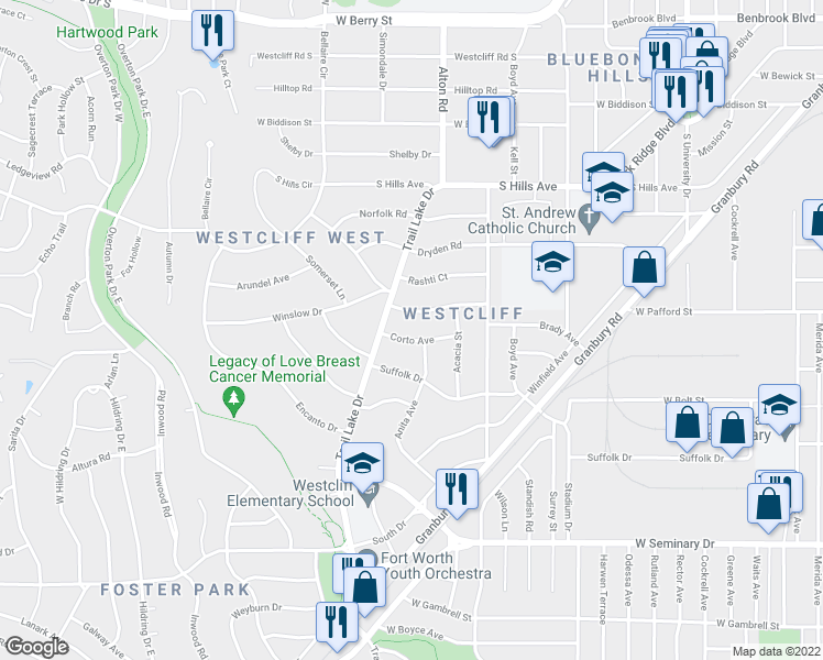 map of restaurants, bars, coffee shops, grocery stores, and more near 3521 Corto Avenue in Fort Worth