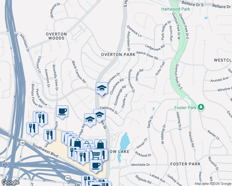 map of restaurants, bars, coffee shops, grocery stores, and more near 4605 Cloudview Road in Fort Worth