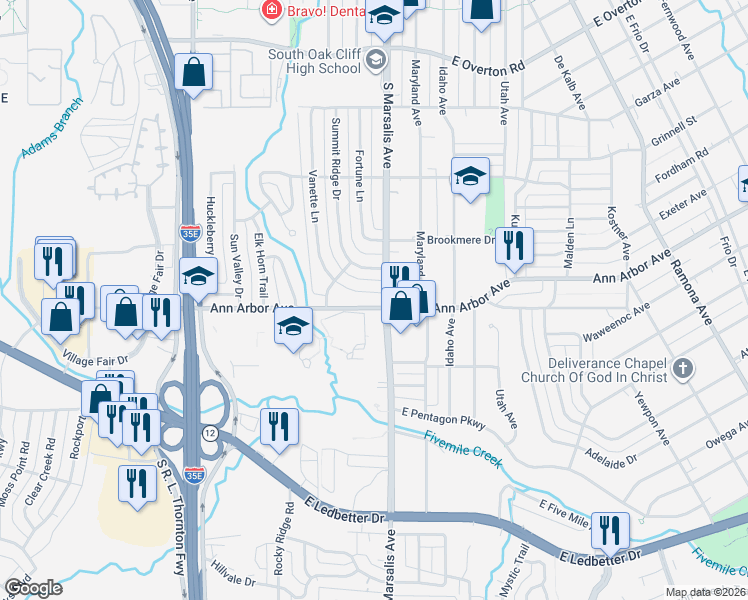 map of restaurants, bars, coffee shops, grocery stores, and more near 4404 South Marsalis Avenue in Dallas